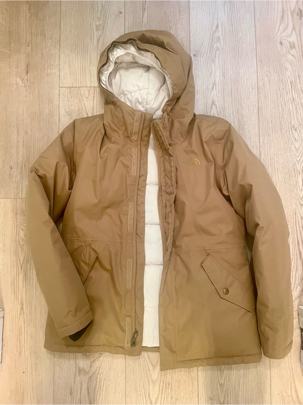 The North Face Girls Hooded Puffer Jacket in Tan with White Lining